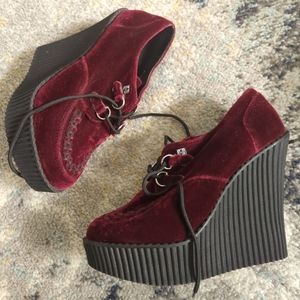 Burgundy velvet platform heels